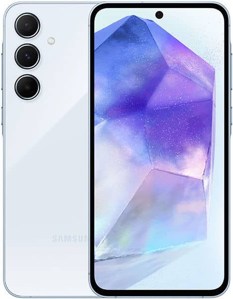 Samsung Galaxy A55 front and back view, white model with triple rear camera setup and display showing blue and purple geometric design