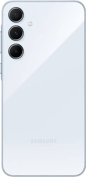 Samsung Galaxy A55 rear view showing three-lens camera array on light blue background