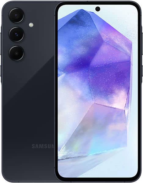 Samsung Galaxy A55 front and rear view, black finish, showing display with purple and blue gradient wallpaper