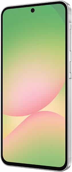 Front view of Samsung Galaxy A56 with bezel-less display, green-pink gradient screen, top center camera, and buttons on right side.