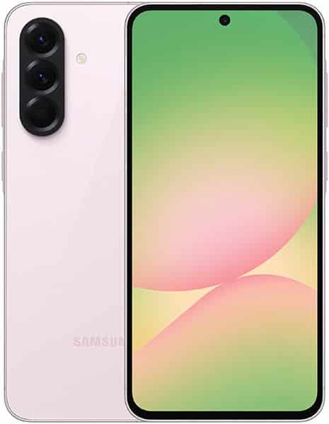 Samsung Galaxy A56 in light pink shown front and rear; front has green-yellow display, rear shows triple vertical cameras left side.