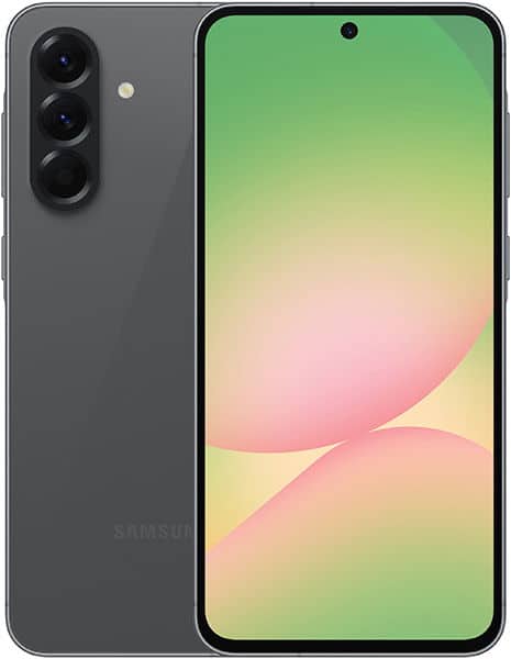 Samsung Galaxy A56 in black shown front and rear; slim bezels, center punch-hole camera, triple rear cameras with flash.