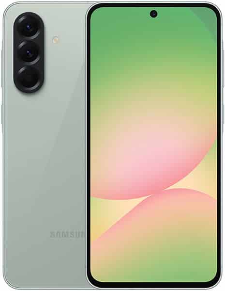 Samsung Galaxy A56 in light green, rear view shows triple cameras and LED flash; front displays green and pink gradient screen.