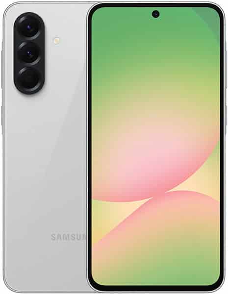 Samsung Galaxy A56 in white shown front and back; large display with gradient wallpaper, triple rear cameras, and Samsung branding.