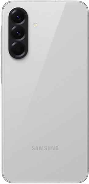 Rear view of silver Samsung Galaxy A56 with three vertical cameras, flash in top left, and Samsung logo at the bottom.