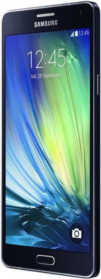 Samsung Galaxy A7 smartphone, front view, displaying home screen with blue and green gradient wallpaper and time 12:45