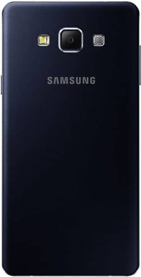 Samsung Galaxy A7 rear view, black phone showing camera and flash with Samsung branding