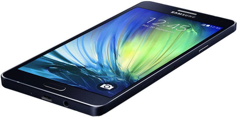 Samsung Galaxy A7 front view with black frame and screen displaying colorful blue and green wallpaper