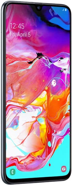 Samsung Galaxy A70 front view with colorful abstract wallpaper displayed on screen