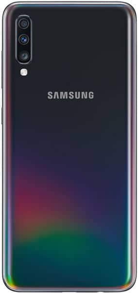 Samsung Galaxy A70 rear view showing black back with gradient to teal and green at edges, triple camera setup upper left, and Samsung logo center