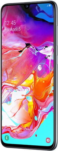 Samsung Galaxy A70 front view with colorful abstract wallpaper on screen, showing time 12:45 and date Friday, April 5