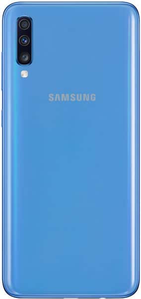 Samsung Galaxy A70 rear view, blue, showing triple camera array and LED flash