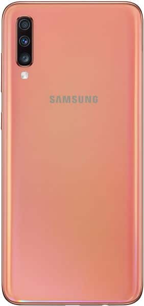 Samsung Galaxy A70 rear view in coral pink, showing triple camera and Samsung branding