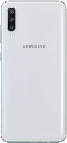 Samsung Galaxy A70 rear view, white, showing triple camera array and Samsung logo on back panel