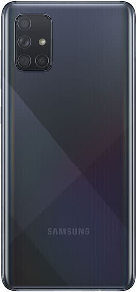 Samsung Galaxy A71 rear view with quad camera setup and geometric pattern on dark blue back panel
