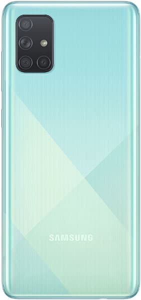 Samsung Galaxy A71 rear view, light blue with geometric pattern and quad camera setup