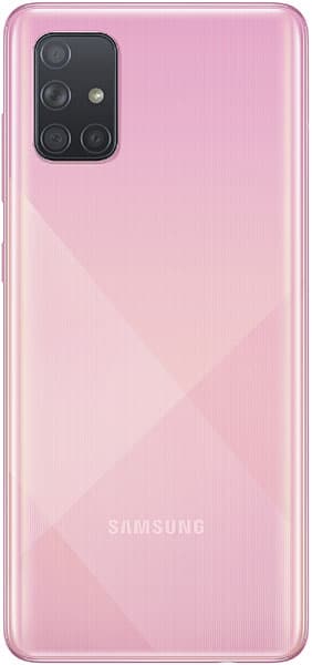 Samsung Galaxy A71 rear view, pink, showing quad camera setup and Samsung logo