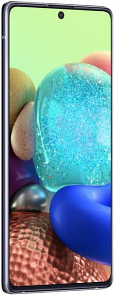 Front view of Samsung Galaxy A71 5G showing bezel-less display, centered punch-hole camera, slim metallic frame.