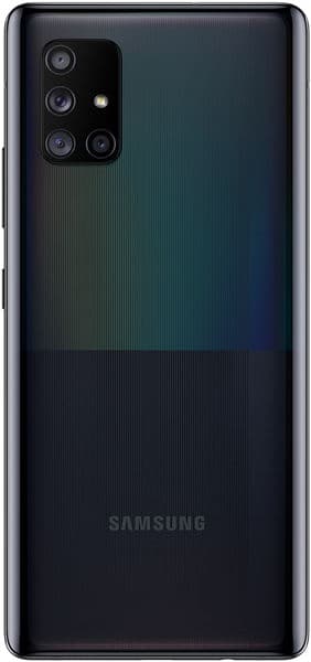 Rear view of black Samsung Galaxy A71 5G; four L-shaped cameras, flash top left, Samsung logo centered at bottom.