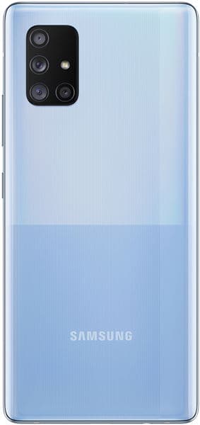 Rear view of light blue Samsung Galaxy A71 5G showing Samsung logo and quad-lens camera module with flash in top left.