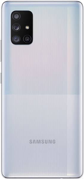 Rear view of silver Samsung Galaxy A71 5G showing quad cameras with flash in top left; SAMSUNG logo at bottom center.