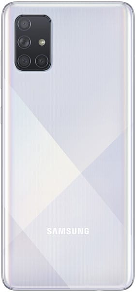 Samsung Galaxy A71 rear view, white finish with geometric pattern and quad camera system