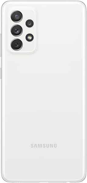 Rear view of white Samsung Galaxy A72 showing quad cameras, flash (top left), and centered Samsung logo near the bottom.