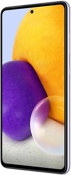Front view of Samsung Galaxy A72 with slim bezels, centered front camera, and abstract wallpaper featuring spheres on light background.