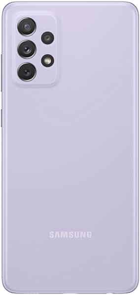 Rear view of light purple Galaxy A72 shows quad-lens camera and flash top left; Samsung logo centered near bottom.