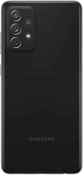 Samsung Galaxy A72 rear view, black, showing triple camera setup and Samsung logo