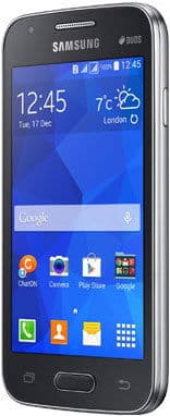 Samsung Galaxy Ace NXT front view with blue home screen displaying time, weather, and app icons