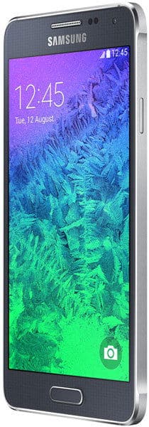 Samsung Galaxy Alpha front view, displaying home screen with time 12:45 and purple-green gradient wallpaper