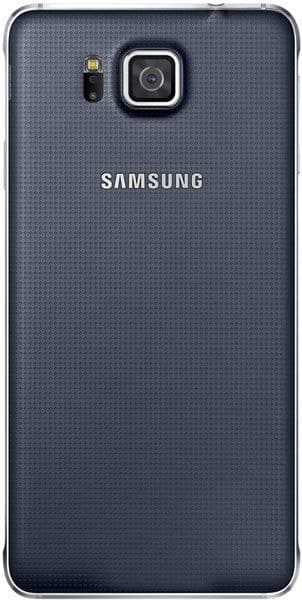 Samsung Galaxy Alpha rear view showing textured dark back panel with camera and flash