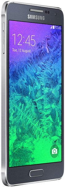 Samsung Galaxy Alpha front view with display showing purple and green gradient wallpaper and time 12:45
