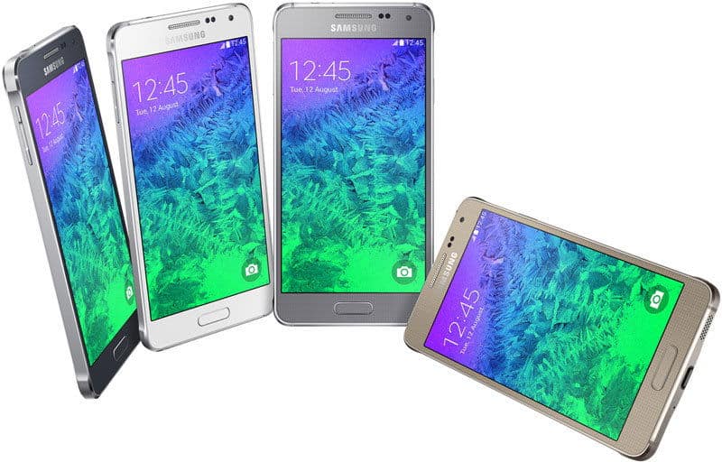 Samsung Galaxy Alpha phones in black, white, and gray, displayed from front and side angles showing purple and green gradient homescreen