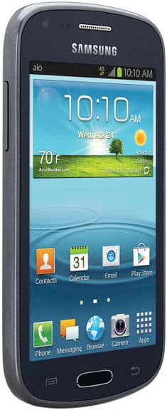 Samsung Galaxy Amp front view with black casing, home screen displaying time, weather widget, and app icons including Phone, Contacts, and Camera