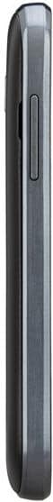 Samsung Galaxy Amp, side view of full phone in dark gray showing thin rectangular profile with volume and power buttons