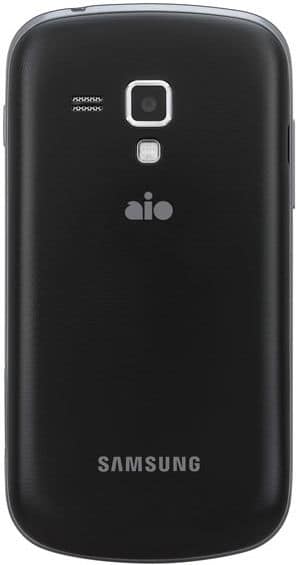 Samsung Galaxy Amp rear view, black phone with camera lens, speaker, and Samsung branding visible