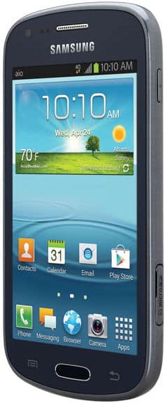 Samsung Galaxy Amp front view, dark gray phone with 10:10 AM display showing weather widget and home screen apps