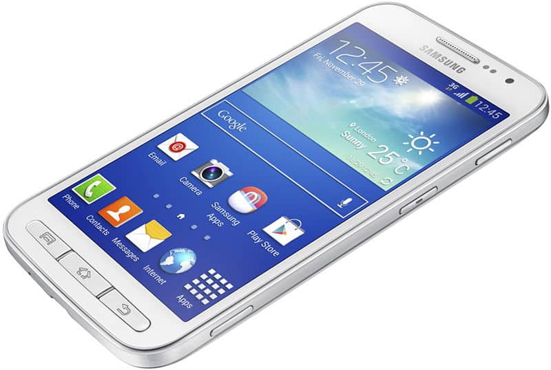 Samsung Galaxy Core Advance, front view, white smartphone with blue home screen displaying apps and weather widget at 22:45