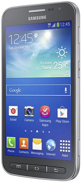 Samsung Galaxy Core Advance front view, displaying home screen with weather widget, Google search bar, and app icons including Email, Camera, Samsung Apps, and Play Store
