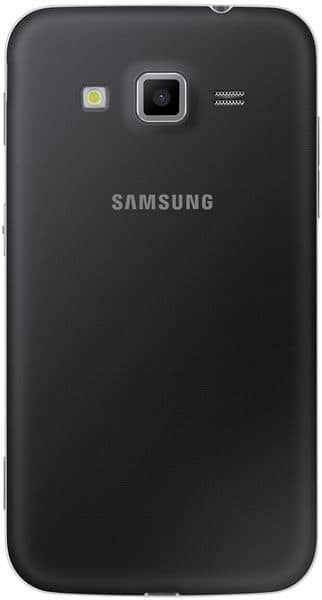 Samsung Galaxy Core Advance rear view, black phone with camera lens and flash visible