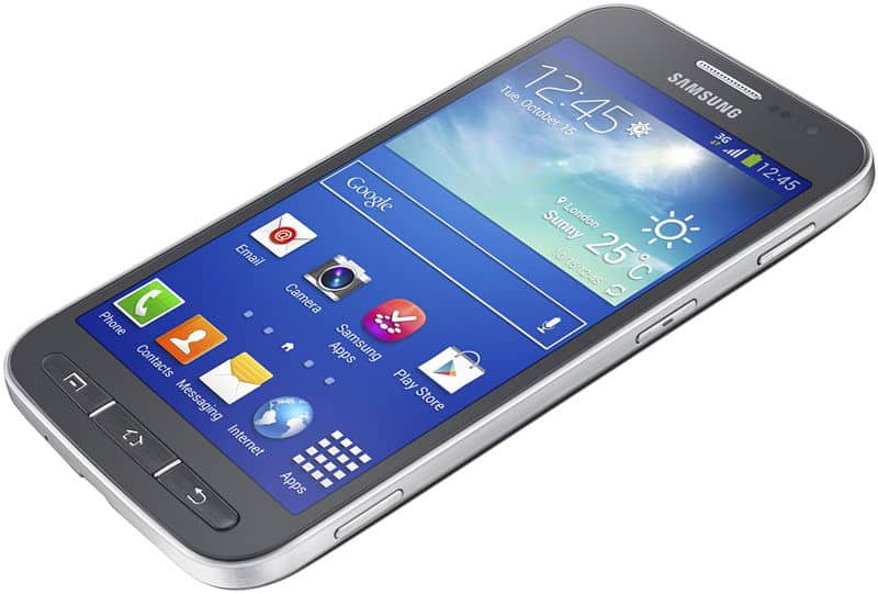 Samsung Galaxy Core Advance front view with screen showing weather widget and app icons including camera, messaging, and settings