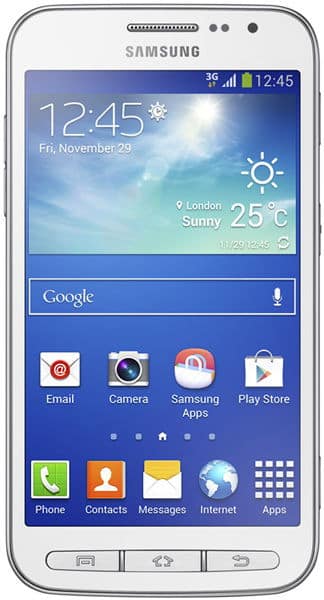 Samsung Galaxy Core Advance front view with weather widget displayed, showing home screen with app icons including Email, Camera, Phone, and Play Store