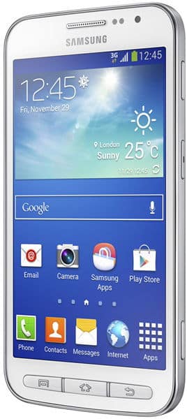 Samsung Galaxy Core Advance smartphone front view with blue weather widget displayed on screen showing 25°C and sunny conditions