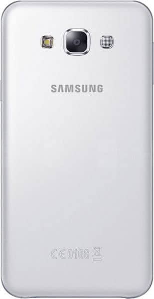 Samsung Galaxy E7 rear view showing white back panel, camera lens, flash, and speaker grille