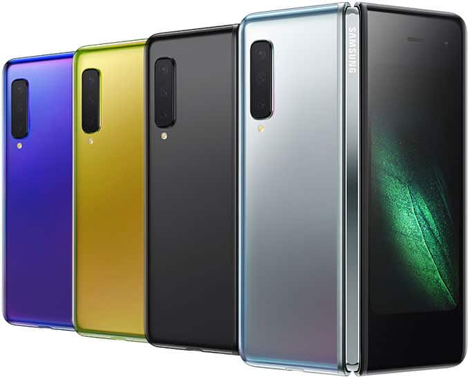 Samsung Galaxy Fold shown open and closed in multiple colors: blue, yellow, black, silver, and green, displaying rear cameras and folding hinge design