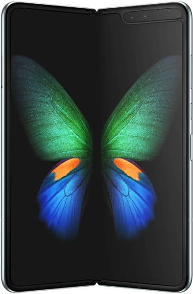 Samsung Galaxy Fold open, displaying colorful butterfly illustration on dual screens against black background