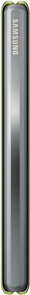 Samsung Galaxy Fold folded closed, displaying the cover screen as a narrow vertical rectangle with gray display and green trim around the edges