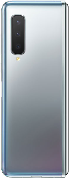 Samsung Galaxy Fold, rear view, closed with triple camera system and blue-tinted gradient finish